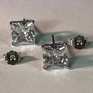 Men's 925 Silver Crystal Stud Earrings Screw Back Square 6 mm with gift box